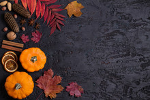 Autumn Leaves, Pumpkin, Pine Cones And Nuts On Black Background With Copy Space. Thanksgiving Concept. Flat Lay, Layout, Room For Text
