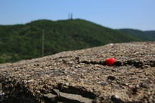 Love Travel Signified By A Little Glass Red Heart In The Hills Showing The Landscape