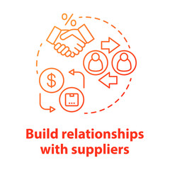 Sticker - Build relationships with suppliers red concept icon. Business agreement idea thin line illustration. Supply chain management. Companies collaboration. Vector isolated outline drawing