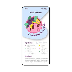 Cake recipes smartphone interface vector template. Mobile cooking app page blue, white design layout. Lemon blueberry cake screen. Flat UI for application. Sweet dessert. Recipe finder. Phone display