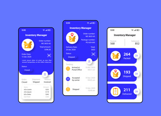 Wall Mural - inventory manager smartphone interface vector template set. mobile app page blue and white design la