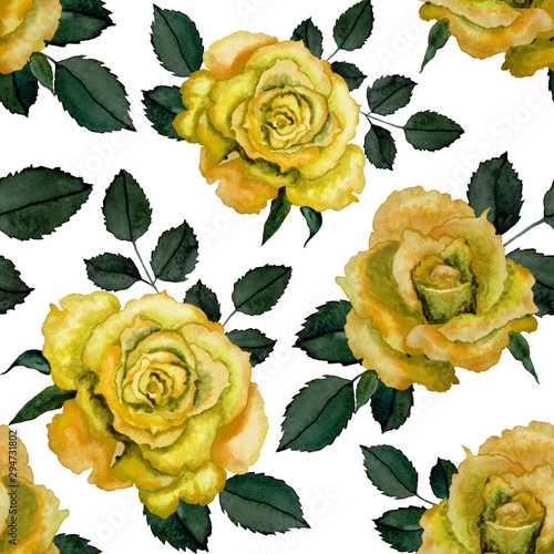 Watercolor seamless pattern with roses. Romantic floral composition.Botanical...
