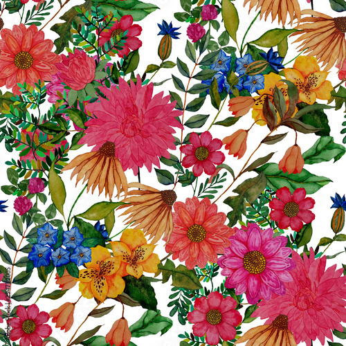 Watercolor seamless pattern with hand drawn meadow flowers. Vintage floral pa...