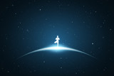 Fototapeta Kosmos - Lonely yogi in space. Vector conceptual illustration with white silhouette of meditating man. Bue abstract background with stars and glowing outline