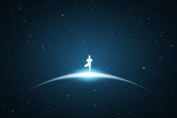 lonely yogi in space. vector conceptual illustration with white silhouette of meditating man. bue ab