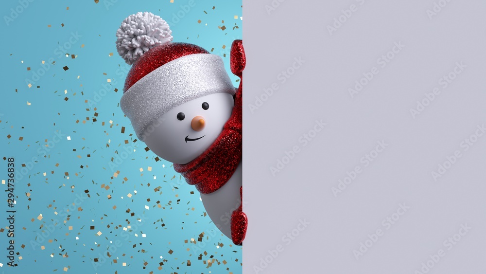 Christmas greeting card template. 3d snowman holding blank banner, looking at camera. Winter holiday background with gold confetti. Happy New Year mockup with copy space. Funny festive character. - obrazy, fototapety, plakaty 