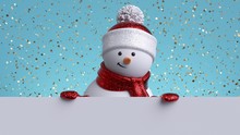 Christmas Background. 3d Snowman Holding White Board. Winter Holiday Blank Banner Template. Happy New Year Greeting Card Mockup. Funny Festive Character.