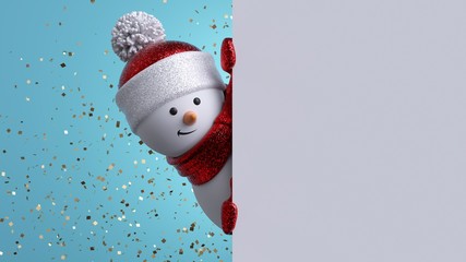 christmas greeting card template. 3d snowman holding blank banner, looking at camera. winter holiday