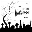 Black silhouette of cemetery, graveyard and trees on a white background. Nightmare landscape. Halloween vector illustration for sticker, banner, invitation, poster