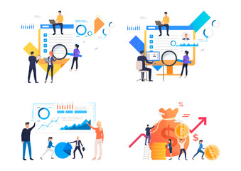 Analysis profit illustration set. People studying checklist with magnifying glass, analyzing charts, carrying money Business concept. Vector illustration for posters, presentations, landing pages