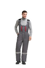 Sticker - Handsome male in gray work overalls view