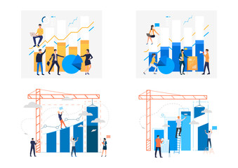 Wall Mural - Construction site illustration set. People constructing graphs with crane and ladder. Building or analysis concept. Vector illustration for posters, presentations, landing pages