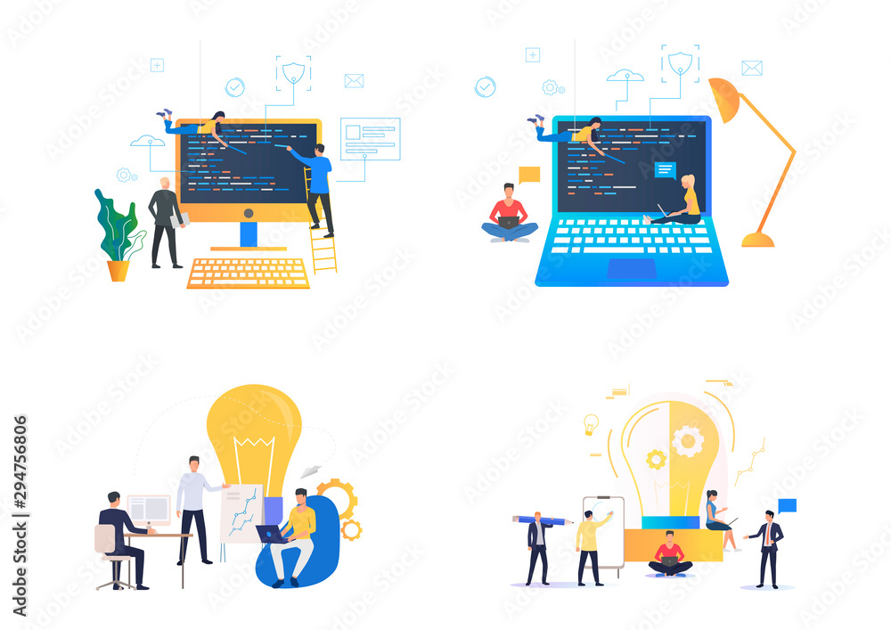 Software project illustration set. Developers pointing at monitor with ...