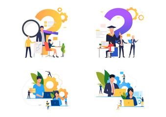 Studying illustration set. Person wearing graduation hat, pointing at question mark and gear, using computer. Education concept. Vector illustration for posters, presentations, landing pages