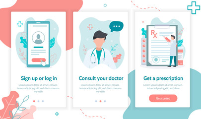 Onboarding screens template for mobile applications and websites. Medical online service for obtaining a prescription. Flat vector illustration.