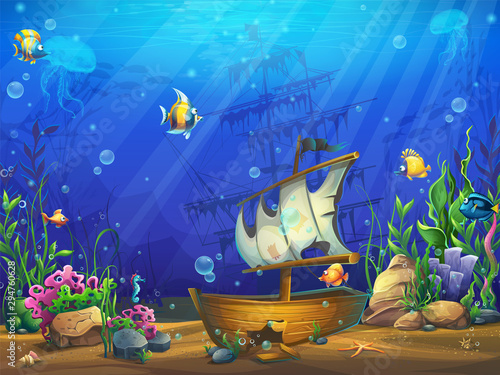 Vector horizontal illustration of the underwater ocean with a sunken schooner Canvas Print