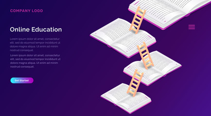 Online education or library isometric concept vector illustration. Open books and wooden stairs on violet background, landing web site page for educational, training or language courses