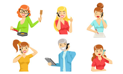 Sticker - Different People Talking on Smartphones Set, Young Men and Women Characters Calling by Telephones Vector Illustration