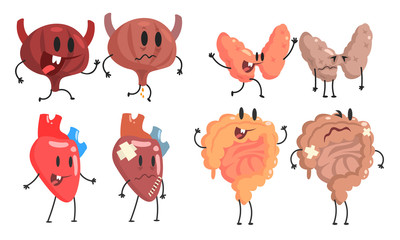 Wall Mural - Healthy and Unhealthy Human Internal Organs Cartoon Character Set, Bladder, Heart, Lungs, Intestines Vector Illustration