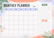 Floral monthly planning template with pieces of torn paper, flower and chalk line. Blank monthly planner with notes in pastel colors. Simple stylish organizer design. Vector illustration