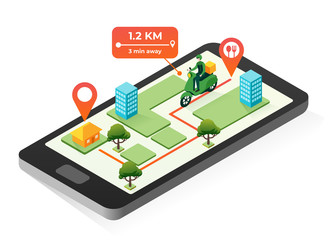 online food delivery service app in flat isometric. fast food shipping with courier riding scooter i