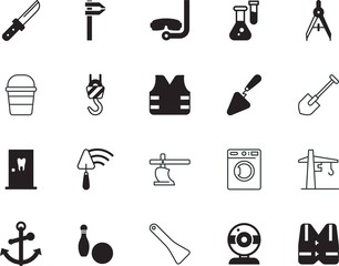 equipment vector icon set such as: scuba, trash, spade, knowledge, healthcare, display, rubber, metric, hygiene, goggles, cook, chemistry, dentist, lab, wash, war, yellow, study, hospital, divider