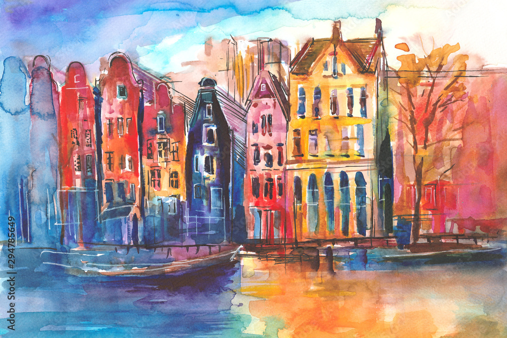 Widok na kamienice i kanał w Amsterdamie namalowany ręcznie farbami akwarelowymi - obrazy, fototapety, plakaty 