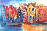 Fototapeta Miasto - Widok na kamienice i kanał w Amsterdamie namalowany ręcznie farbami akwarelowymi