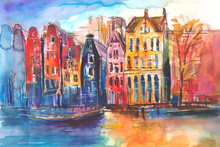Widok Na Kamienice I Kanał W Amsterdamie Namalowany Ręcznie Farbami Akwarelowymi