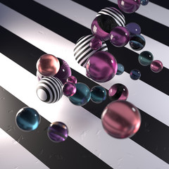 Wall Mural - Random glass and striped spheres on a black and white striped background, abstract 3D render / rendering.