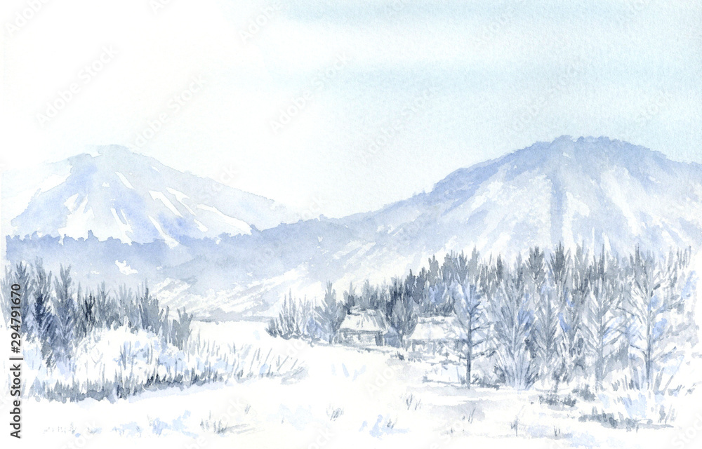 冬の雪景色 旧偕行社　水彩画 雪景色 水彩画 の Stock イラスト | Adobe Stock