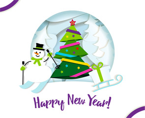 Wall Mural - Greeting card Happy New Year. Paper ribbon on Christmas tree with star and Christmas balls. paper cut and craft style. Vector illustration.