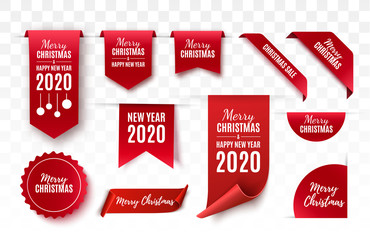 christmas tags set. red scrolls and banners isolated. merry christmas and happy new year labels. vec