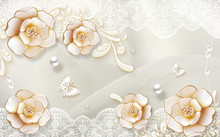 3d Illustration, Light Background, White Ornament, Pearls, Beige Gilded Roses, Two Paper Butterflies