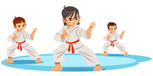 Cute Vector Character Child . Illustration For Martial Art Poster. Kid Wearing Kimono And Karate Training.