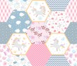 © Happy Dragon - Fairytale patchwork seamless pattern with cute unicorns, clouds with stars, flowers and ornamental patches. Print for baby fabric.