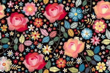 Wall Mural - Embroidery seamless pattern with beautiful colorful flowers. Floral print for fashion design. Vector embroidered illustration.