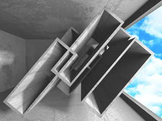 Concrete room wall construction on cloudy sky background