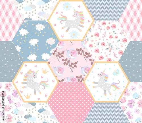 Naklejka na szafę Fairytale patchwork seamless pattern with cute unicorns, clouds with stars, flowers and ornamental patches. Print for baby fabric.
