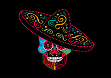 Sugar Skull Icon With Sombrero Neon Colors Background