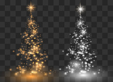 Illumination Lights Shiny Christmas Tree Isolated On Transparent Background. White Tree As Symbol Of Happy New Year, Merry Christmas Holiday Celebration. Bright Light Decoration Design. Vector.