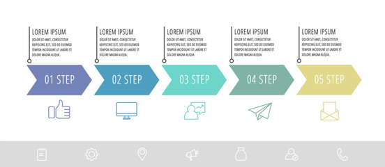 Vector infographic flat template arrows for five diagrams, graph, presentation. Business concept with 5 label. For content, flowchart, step for step, timeline, levels, marketing, data visualization