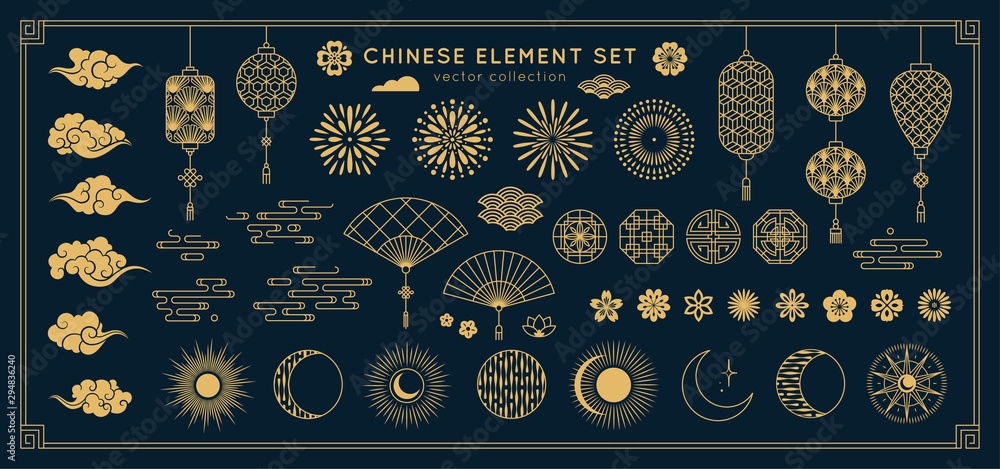 Asian design element set. Vector decorative collection of patterns, lanterns, flowers , clouds, ornaments in chinese and japanese style. - obrazy, fototapety, plakaty 