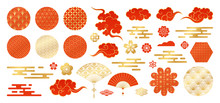 Asian Design Element Set. Vector Decorative Collection Of Patterns, Lanterns, Flowers , Clouds, Ornaments In Chinese And Japanese Style.