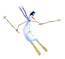 A Cute Cartoon Snowman - Mountain Skier Hand Drawn In Watercolor Isolated On A White Background. Christmas Watercolor Illustration. Watercolor Snowmen. Picture From Snowmen Collection. 