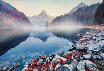 Sticker - Great autumn sunrise on Obersee lake, Nafels village location. Perfect morning scene of Swiss Alps, canton of Glarus in Switzerland, Europe. Beauty of nature concept background.