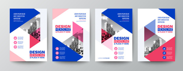 Wall Mural - modern blue and pink design template for poster flyer brochure cover. Graphic design layout with triangle graphic elements and space for photo background