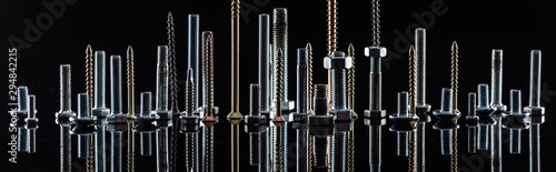 Fotomural panoramic shot of diverse spotless metallic screws isolated on black