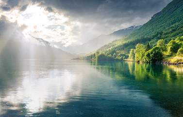 Wall Mural - fantastic summer view of lovatnet lake, municipality of stryn, sogn og fjordane county, norway. colo