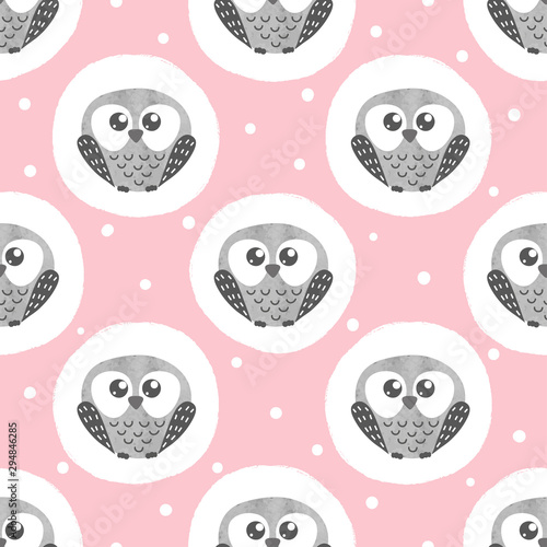 Seamless vector pattern with cute watercolor owls. Polka dot baby print.